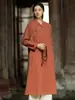 Vestido Largo de Estilo Chino Original para Mujer, Otoño, Lino, Retro, Cuello Diagonal, Cuello Alto, Botones, Cheongsam Mejorado