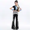 Conjunto de Baile Jazz para Niñas Negro Hombros Descubiertos Pantalones Largos de Campana Estilo Urbano Conjunto Ropa de Presentación Jazz para Niños