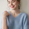 Camiseta de Verano Nueva de Lana Fina con Cuello en V y Manga Corta para Mujer, Hombro Normal, Top Delgado de Punto Cachemir, Estilo Europeo y Americano