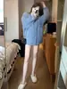 Cardigan suéter de pele de vison azul para mulheres, primavera e outono, estilo casual e relaxado, modelagem solta, top de malha macio e confortável
