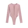 Mono Sexy de Color Sólido con Cuello en V Ajustado de Manga Larga Estilo Americano para Mujer, Nueva Colección de Primavera Mono Base de Color Sólido Chica Picante