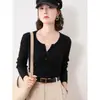 Cárdigan de Punto Canalé Francés para Mujer Chaqueta Corta Suéter Cuello Tijera Manga Larga Moda Chic Ropa de Abrigo Suéter