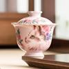 Tazón cubierto con pie alto, patrón de gato floral, boca de flor, de la Manufactura Ru Kiln, Taza de té de cerámica Ru rosa, Individual con tapa para preparar té, Juego de té grande para mujer