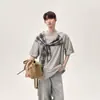 Fornecimento Direto da Fábrica Versão Coreana Design de Nicho Xadrez Laço Xale Manga Curta Camiseta Casual Unisex Top