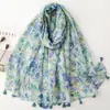 Bufanda grande de algodón y lino con estampado floral en degradado azul verdoso de acuarela Monet con flecos, bufanda de seda estampada, chal protector solar para viajar