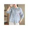 Blusa de estilo chino con cuello mao y botones modificados, camisa vintage con bordado pesado para mujer, nuevo producto de verano, top de algodón y lino de manga tres cuartos
