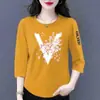 E-commerce Transfronteiriço Comércio Exterior Estilo Mãe Mulheres de Meia-Idade Camiseta de Manga Três Quartos Solta Casual Versátil Camiseta Básica Top
