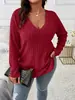 2024 Amazon Otoño e Invierno Nuevo Top de Color Sólido Talla Grande para Mujer Cuello en V Manga Larga Camiseta de Canalé Cepillada Holgada Pulóver