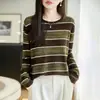 Suéter de Punto con Rayas de Bloques de Color Retro Francés para Mujer Otoño Invierno Cuello Redondo Capa Base Holgado Versátil Casual Suéter