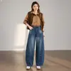 Jeans Retro de Tiro Alto para Mujer Otoño Sueltos Adelgazantes Pierna Recta Lavados Versátiles Caída Hace que las Piernas se Vean Más Largas Pantalones de Pierna Banana