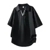 Nueva camiseta polo casual de verano estilo coreano, nicho, patchwork, cordones, cuello en V, imitación de dos piezas para hombre, versátil y moderna, de manga corta