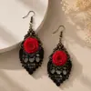 Nuevo producto transfronterizo: Aretes de rosa roja oscura de Halloween, aretes de flor de seda roja de encaje hueco de estilo gótico de corte