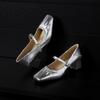 332-33 zapatos de piel de oveja plateada de punta cuadrada y tacón grueso para mujer, tacón medio, hebilla de cuero suave, zapatos Mary Jane de primavera y otoño