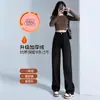 Jeans Ajustados Rectos de Pana Negra para Mujer, Otoño e Invierno, Pana Integrada, Cubre Cadera, Petite, Cintura Alta, Pantalones de Pierna Ancha Caídos