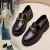 Zapatos de Cuero Estilo Británico Negros para Mujer, Nuevo Modelo Primavera 2025, Mocasines Patentados Slip-On de Tacón Grueso con Suelas Gruesas