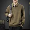 Outono 2026 Moletom Masculino com Gola Polo e Zíper Meio, Textura Retrô, Camisa Polo, Peça de Cima Solta Casual de Manga Longa, Roupa Externa