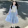 Conjunto estilo universitario para niños grandes: Conjunto de Dos Piezas de Moda para Primavera y Otoño con Top de Manga Larga y Falda Dulce con Lazo