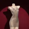 Medias de Encaje Fino Qinghe con Cordones, Seda Brillante al Aceite, Falda Bodycon Brillante Sedosa, Falda Negra de Seda Sexy sin Espalda Estilo Club Nocturno