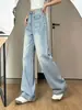 Jeans de pierna ancha estilo americano azul claro para mujer, nueva colección de otoño, con caída fluida, efecto adelgazante, talle alto retro, pierna recta holgada, pantalones de largo hasta el suelo