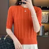Nueva ropa de mujer de verano, top de punto acanalado de algodón puro con cuello redondo estilo coreano, camiseta elegante y versátil