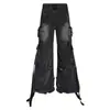 Calça Jeans Cargo Resistente com Múltiplos Bolsos Estilo High Street Americano Unissex Design Punk Yabi Calça Comprida
