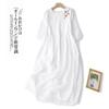 Vestido de ramio blanco bordado de manga siete cuartos con cuello redondo para mujer, literario, vacacional, elegante, manga farol, talla grande