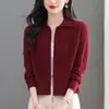 Nuevo Cárdigan de Punto de Color Sólido con Cuello Solapa para Mujer 2026, Elegante Top Corto Ajustado de Manga Larga con Cremallera y Patrón de Canalé