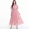 Vestido de renda requintado, best-seller de moda feminina transfronteiriça, vestido longo de verão com gola, mangas curtas bufantes, cintura marcada com bordado de lantejoulas para mulheres