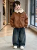 2527 Chaqueta de Cuero Gruesa de Invierno para Niños con Cuello de Piel Forrada de Terciopelo 2026 Nueva Chaqueta Infantil Estilo Coreano Ropa de Abrigo Cálida de Invierno