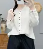 Camisa de manga larga con cuello alto de encaje para mujer, camisa casual artística de algodón puro, top de gasa de algodón de doble capa, favorecedora y moderna