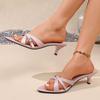 Pantuflas de Tacón de Aguja de Punta 2025 Primavera Nuevo Estilo Pedrería Zapatos de Mujer Punta Abierta Estilo Europeo y Americano Media Pantuflas Sandalias