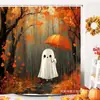Cortina de Chuveiro Fantasma de Outono com Design de Guarda-chuva, Cortina de Divisória de Banheiro Impermeável de Halloween com 12 Ganchos, Cortina de Chuveiro Impermeável