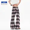 Calça xadrez versátil de perna reta, estilo high street, de comprimento estendido e perna larga, com bom caimento, calça casual estilo americano para homens altos