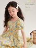 Vestido de Niña Floral de Cintura Hueca de Nuevo Estilo con Mangas Abullonadas y Falda Grande, Falda de Niña con Cuello Redondo y Ambiente Dulce