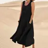 Vestido Casual de Verão Amazon Transfronteiriço Gola Redonda com Bolso Sem Mangas Emagrecedor Feminino de Algodão e Linho Vestido Regata Longo para Mulheres