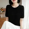 Top de punto de seda de hielo con cuello redondo y recorte de pata de gato, ropa de mujer de manga corta, nueva camiseta básica de color liso con recorte para primavera-verano, top, camiseta
