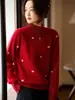 Suéter Jacquard Amor Outono e Inverno Casual 100% Lã Feminino Preguiçoso Top Base Gola Alta Meia Vermelho 2025