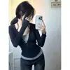 Camiseta Elegante Estilo Comércio Exterior Falsa Duas Peças Manga Longa para Mulheres, Outono Versão Coreana Slim Fit Camisa Base Estilosa Top