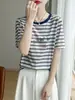 Camiseta a Rayas de Bloques de Color Retro Americana para Mujer, Cuello Redondo, Mangas Cortas Sueltas, Top Versátil Casual Estilo Bf para Primavera y Verano