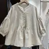 Camisa pullover de encaje de color liso, nuevo estilo de primavera, corte holgado, camisa con pliegues de acordeón estilo bosque, top artístico, camisa de algodón puro