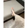 Versão em Couro Macio~Chinelos Abertos com Strass Estilo Francês para Mulheres, Adequados para Usar no Verão com Saias, Salto Grosso, Sandálias sem Costas