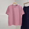 Camiseta de Algodão Stretch com Listras Brancas Chao Manga Curta Feminina Verão Simples Casual Básica Ombro Direito Caimento Solto Camiseta Básica Top