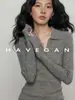Camiseta de punto de manga larga con solapa para otoño HAVEGAN/para mujer, corte ajustado, con lana, top básico estilo old money