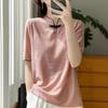 24 nuevas camisetas de manga corta de punto estilo chino para mujer, estilo retro con botones y encaje de lana peinada