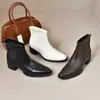 Botas Femininas de Inverno Francesas Bico Fino Elásticas Emagrecedoras Salto Bloco Chunky Retro Versátil para o Dia a Dia Fazem os Pés Parecerem Menores Zíper nas Costas Botas Femininas