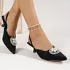 Nuevas Sandalias 2025 de Gran Tamaño Color Sólido con Perlas y Pedrería, Punta Fina para Mujer, Tacón Bajo Elegante, Tacón Alto, Punta Cerrada para Mujer