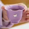 Taza de té pequeña morada lila con diseño de mariposas, hecha en fábrica, para mujeres, taza personal para degustación de té, taza maestra de cerámica, juego de té para invitados