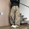 Calça de veludo cotelê tie-dye estilo americano para homens, calça esportiva casual reta da moda de outono com um design estiloso, calça larga solta