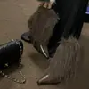 Botines blancos de tacón alto peludos de moda estilo coreano, botines de tacón de aguja con punta fina, botas cálidas de media pantorrilla forradas de felpa para otoño e invierno