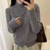 Cárdigan de punto 100% lana con cuello medio alto y crochet calado para mujer, estilo europeo otoño e invierno, estilo suave, abrigo suéter adelgazante